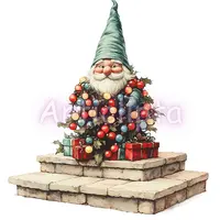 Watercolor Christmas gnome with blue hat tangled in colorful string lights. Festive garden dwarf sitting on steps with gifts for holiday decor.