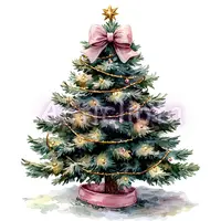 Watercolor Christmas tree decorated with a large pink bow gold garland and lights. Feminine holiday tree clipart for planner stickers and invitations.