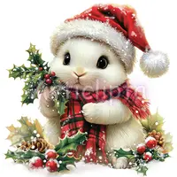 Watercolor white rabbit wearing a Santa hat and red plaid scarf holding holly branches. Cute winter animal clipart for sublimation and holiday cards.