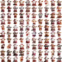 Grid view showing variety of watercolor cows dressed in festive red scarves and hats. Farm animal clipart collection for rustic Christmas designs and sublimation.