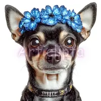 Black and tan Chihuahua wearing a blue floral crown. Boho style puppy portrait clipart for spring designs and wedding invitations.
