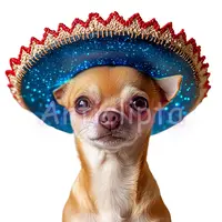 Cute tan Chihuahua wearing a sparkly blue sombrero hat with red trim. Festive Cinco de Mayo dog illustration for greeting cards and party decor.