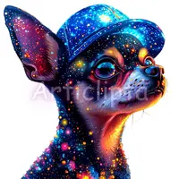 Galaxy style Chihuahua wearing a blue baseball cap with starry skin pattern. Cute cosmic dog clipart for stickers and tumbler sublimation.