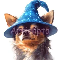 Adorable Chihuahua wearing a blue wizard hat with magical sparkles. Fantasy puppy clipart for Halloween invitations and sticker sheets.