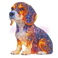 Colorful Beagle sitting in a mosaic stained glass artistic style. Abstract dog clipart for puzzles, wall art and creative projects.