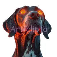 Black hunting dog portrait with intense glowing orange eyes and highlights. Mystical animal clipart for fantasy designs and Halloween apparel.