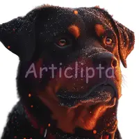 Powerful Rottweiler portrait with glowing ember effects and snow particles. High contrast dog clipart for sublimation and dark t-shirt designs.