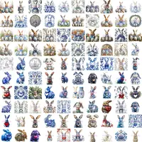 Grid collection of watercolor Easter bunny clipart featuring unique blue and white porcelain patterns. High-quality isolated PNGs for sublimation and chic decor.