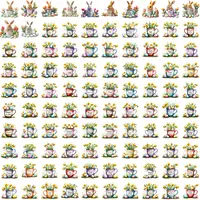 Grid collection featuring cute rabbits popping out of mugs with tulips and daffodils. Spring watercolor clipart PNGs for stationery and sublimation projects.