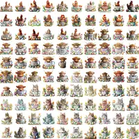 Grid view variety of watercolor farm animals in mugs including chickens, roosters, Highland cows, and cats. Spring themed illustrations with flowers for crafting and educational resources.