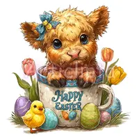 Watercolor fluffy highland calf sitting in teacup with blue bow and spring tulips. Cute animal clipart for sublimation mugs and nursery decor.