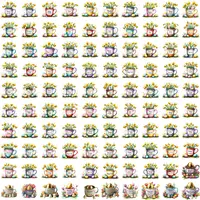 Collection of spring mugs filled with yellow daffodils and Easter eggs. Watercolor clipart graphics ideal for making Easter greeting cards and planner stickers.