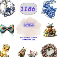 1186 Easter Clipart Bundle featuring blue willow bunnies, floral eggs, and cute spring animals. High-quality isolated PNGs for sublimation and festive crafts.