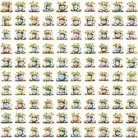 Grid assortment of watercolor teacups filled with baby chicks and spring flowers. Cute Easter clipart PNGs for scrapbooking and POD mug designs.