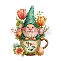 Watercolor garden gnome in mug with spring flowers and little chick. Cute Easter fantasy character clipart for sublimation and stickers.