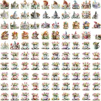 Collection preview featuring garden gnomes, horses, and vibrant flower bouquets in mugs. Whimsical watercolor illustrations with tulips and eggs for Easter crafts and sublimation projects.