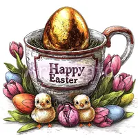 Vintage style golden Easter egg in cup with spring tulips and baby chicks. Rustic watercolor holiday clipart for cards and scrapbooking.