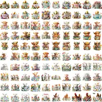 Extensive grid view showing watercolor golden eggs, Highland cows, and sheep sitting in Easter mugs. Features spring floral details and colorful eggs suitable for sublimation and stickers.