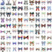 Grid view showing variety of decorative Easter bows and ribbons in pastel colors and patterns. Watercolor aesthetic accessories perfect for digital scrapbooking, invitations and planner layouts.