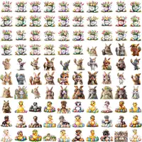 Assortment of watercolor tulips in cups, adorable bunnies with flower crowns, and cute ducklings. Spring themed isolated PNGs for planner stickers, Easter designs, and sublimation.