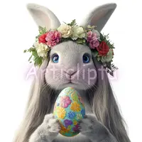 Fluffy white rabbit wearing floral crown holding decorated egg. Watercolor Easter bunny clipart for greeting cards and children's books.