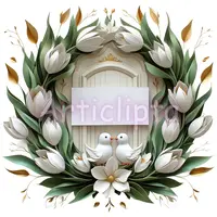 Elegant white tulip wreath with kissing doves and gold accents. Watercolor spring floral frame clipart for wedding invitations and Easter.
