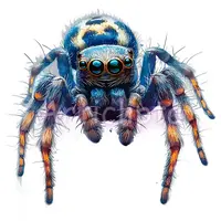 Watercolor blue jumping spider with big eyes and fuzzy texture. Cute Halloween arachnid clipart for stickers and educational resources.