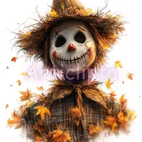 Watercolor scary scarecrow portrait with stitched smile and autumn leaves. Creepy Halloween character clipart for horror designs and POD.