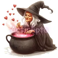 Watercolor elderly witch brewing pink love potion in cauldron with floating hearts. Fantasy Halloween character clipart for scrapbooking.