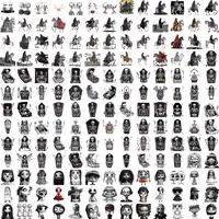 Collection preview of gothic Halloween elements including grim reapers on horses, skeletons in coffins, and creepy dolls. High-quality assets for scrapbooking.