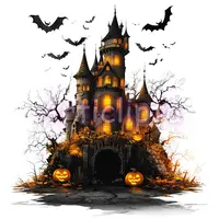Dark watercolor haunted castle with glowing windows and flying bats. Spooky Halloween fortress clipart for party invitations and decor.