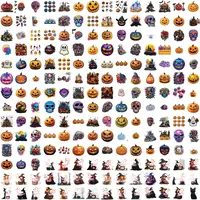 Contact sheet showing Halloween variety with carved pumpkins, jack-o'-lanterns, spooky castles, and witch silhouettes. Vibrant PNGs for party invitations.