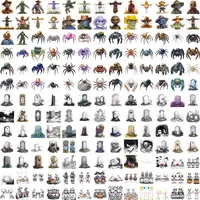 Grid view displaying Halloween assets like rustic scarecrows, realistic spiders, arachnids, and graveyard tombstones. Ideal for spooky digital scrapbooking layouts.