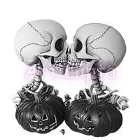 Romantic skeleton couple kissing over Jack-o-lanterns. Spooky monochromatic watercolor Halloween clipart for apparel and stickers.