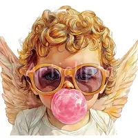 Watercolor portrait of a cool cherub baby with wings wearing sunglasses and blowing a pink gum bubble. Valentine angel clipart for card making and decor.