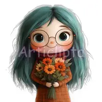 Watercolor illustration of a smiling girl with teal hair and round glasses holding orange autumn flowers. Cozy character clipart for sublimation and stickers.