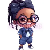 Watercolor illustration of a smiling African American toddler with braids and a large blue bow wearing denim overalls. Cute fashion girl clipart for printing.