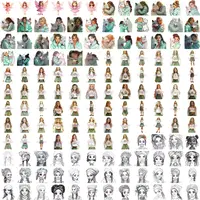 Grid view featuring women hugging wolves in winter coats alongside black and white line art sketches. Ideal for fantasy book covers, coloring pages and mixed media projects.