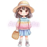 Watercolor drawing of a sweet girl wearing a straw hat and pastel rainbow sweater holding a woven basket. Summer fashion character clipart for planner layouts.