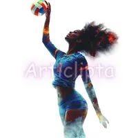 Dynamic watercolor illustration of an athletic woman playing volleyball. Sports character with abstract galaxy energy hair clipart for team shirt designs.