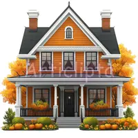 Watercolor illustration of an orange Victorian house decorated with autumn pumpkins and yellow trees. Fall season architecture clipart for seasonal designs.