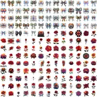 Assortment of styles showing pastel blue bows and intense burning red roses. Watercolor floral and ribbon elements for wedding and gothic sublimation designs.