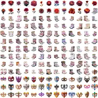 Full collection preview featuring watercolor cowgirl boots, burning red roses, and carnival masks. Diverse western and fantasy elements for POD designs.