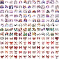 Grid view showing variety of pastel rainbows with clouds and bicycles with flower baskets. Cute watercolor clipart for nursery decor and spring sublimation.