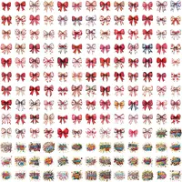 Grid view showing variety of red valentine bows, heart patterned ribbons, and Shine On typography. Watercolor clipart assortment for sublimation and planners.