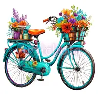 Watercolor vintage teal bicycle filled with colorful spring flowers in baskets. Retro bike with floral arrangement clipart for greeting cards and scrapbooking.