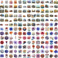 Grid view featuring vintage camper vans and colorful flowers. Retro RV trailers in watercolor style for travel designs. Commercial use clipart for sticker sheets.