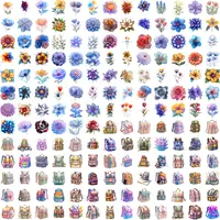 Grid view displaying watercolor flowers and school backpacks. Variety of blue and orange floral species alongside hiking bags. Isolated PNGs for planner stickers and sublimation.