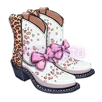 Watercolor white western boots featuring leopard print heels and large pink bows with confetti. Trendy cowgirl footwear clipart for sublimation and shirts.