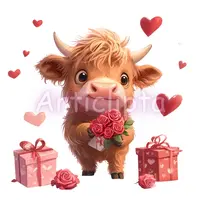 Watercolor fluffy highland cow calf holding red roses. Adorable farm animal clipart for Valentines Day mugs and sublimation projects.